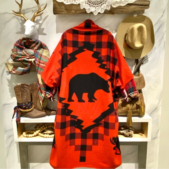 Wildlife BEAR duster kimono Cocoon w buffalo print & country cabin cottage vibe - Picture 1 of 12